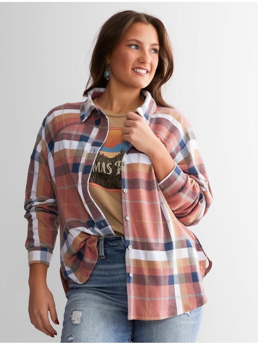 BKE Knit Plaid Boyfriend Shirt Small Oversized Flannel Style Stretch Top